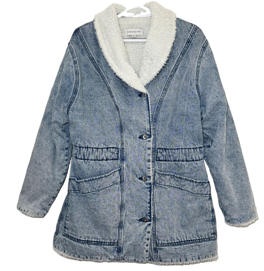 Something Navy Sherpa Lined Denim Coat Womens S Acid Wash Utility Made Portugal